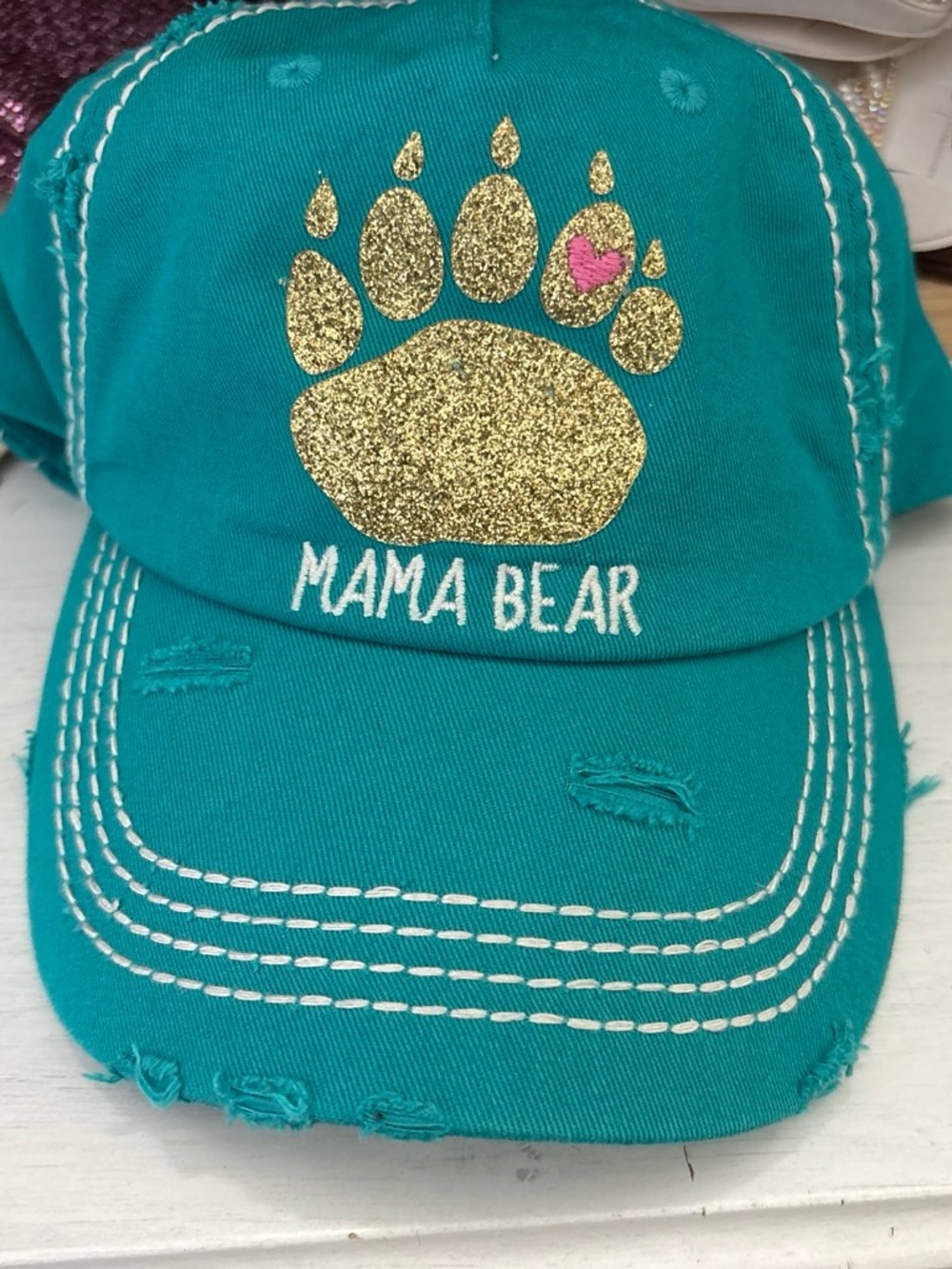 Mama Bear Kids Teal Cap with Gold Glitter Paw